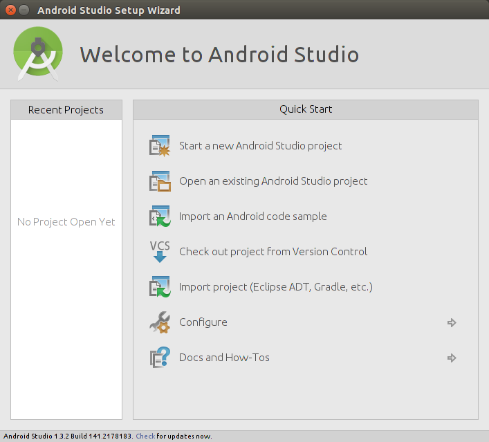 Android Studio Welcome Screen