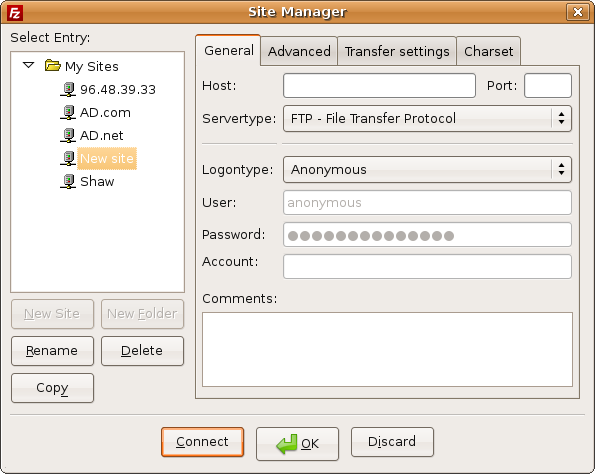 FileZilla Site Manager screen