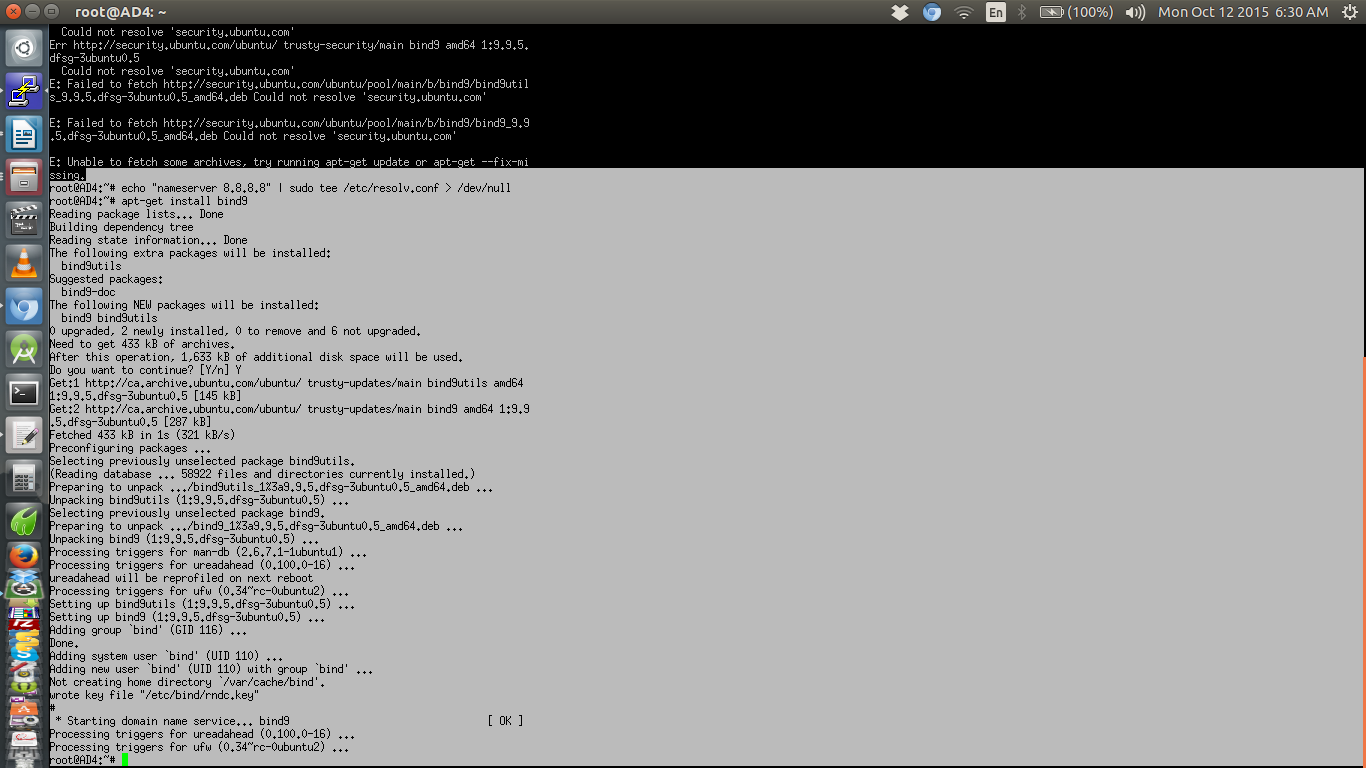 bind9 installation on Ubuntu server  (Mon 12th Oct 2015)