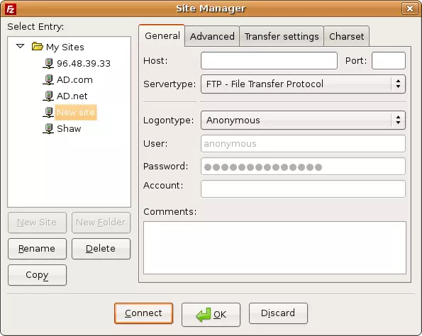 FileZilla Site Manager screen