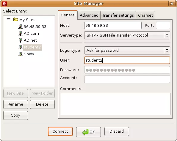 FileZilla Site Manager screen