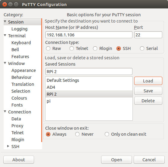 A PuTTY session